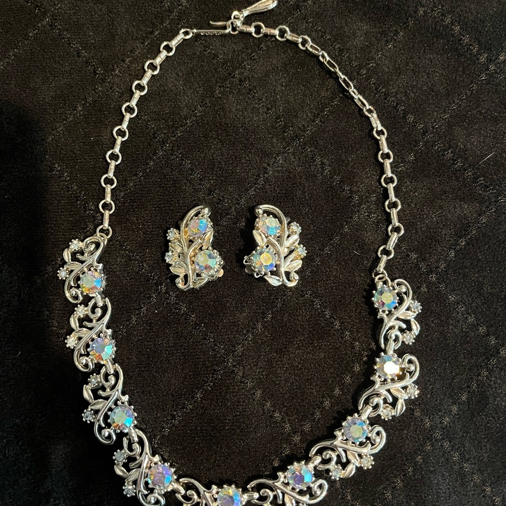 Vtg Demi Parure Coro Panel Aurora Borealis Silver Tone Choker Necklace/Earrings